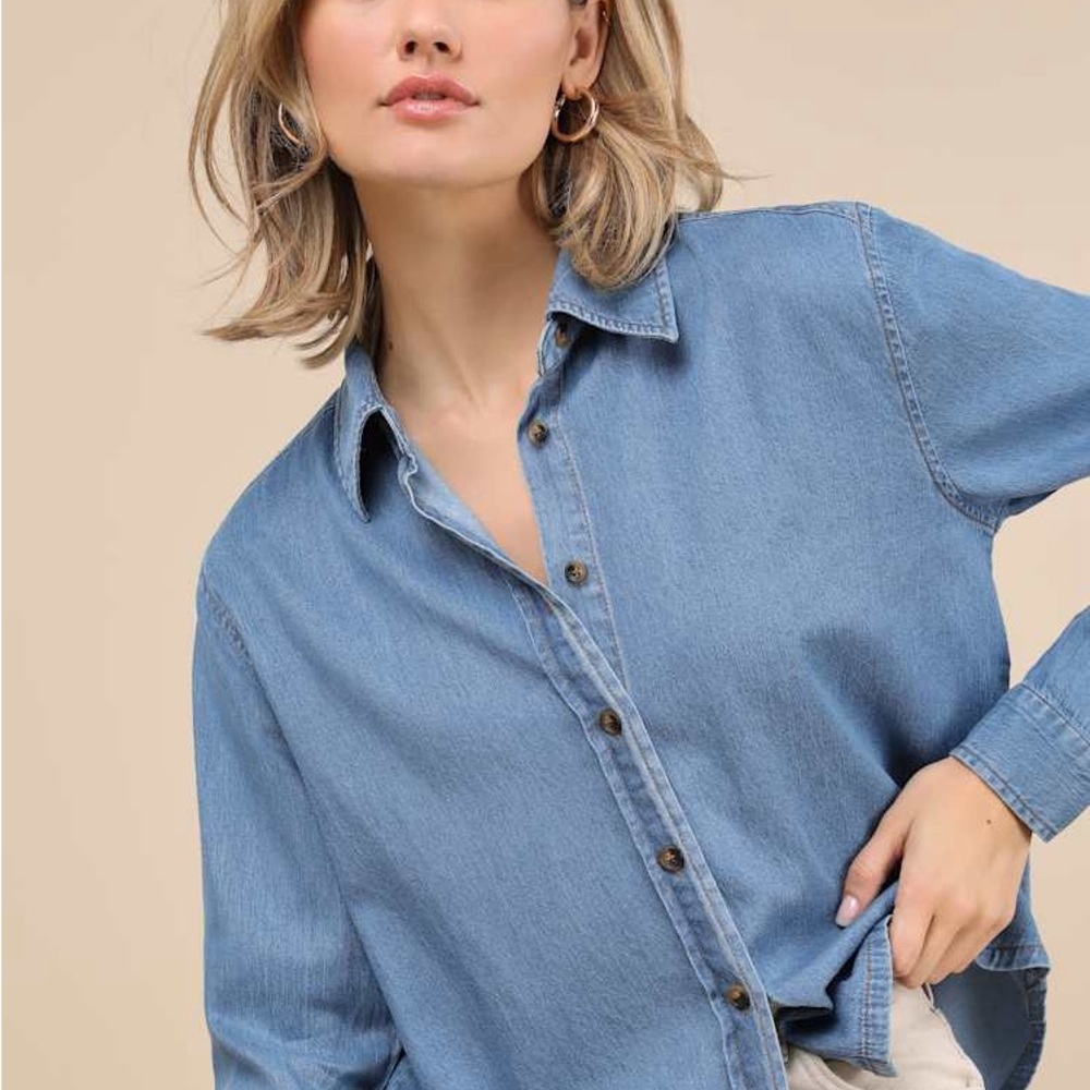 Lulus Always Pristine Medium Blue Chambray Button… - image 1